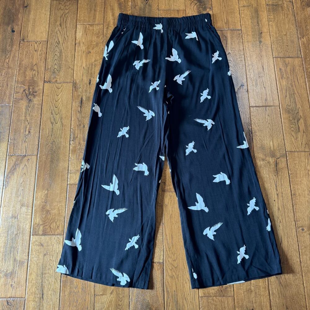 Grace Elements Soft Flowy Pants Womens Large Pull-On Stretch Black White Doves